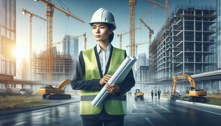 Engineer woman in hardhat and safety vest with construction site on background.