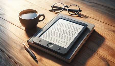 Tablet pc, coffee cup and eyeglasses on wooden table
