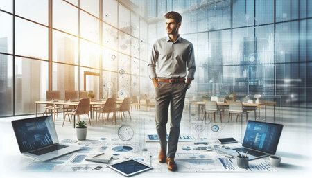 Confident young businessman standing in modern office interior with laptop and digital devices....