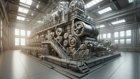 3d render of industrial equipment in a factory with pipes and tanks