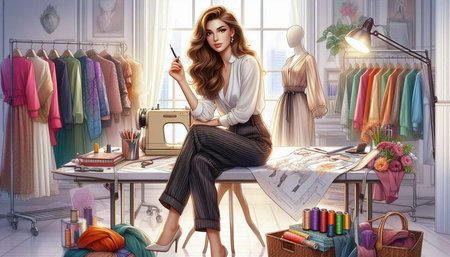 Fashion designer woman working at her studio. 3D rendering.