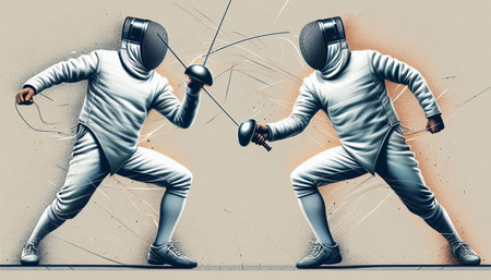 Two young men wearing fencing suits fighting with swords on grunge background