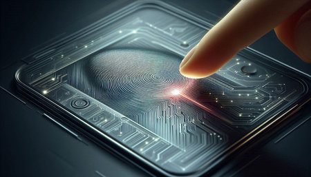 Finger touching digital chip. Fingerprint scan concept. 3D Rendering