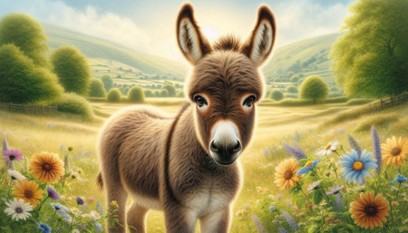 Donkey in a meadow with wildflowers and blue sky