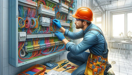 Electrician at work in electrical box. 3d rendering. Computer digital drawing.