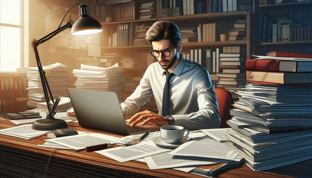 Businessman working at his desk in the office. 3D rendering.