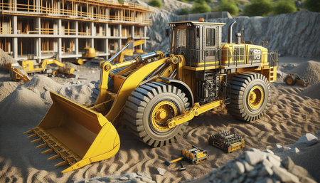 bulldozer on the construction site. 3D illustration. Construction industry.
