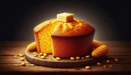 Cornbread with butter and corn on a wooden table. Toned.