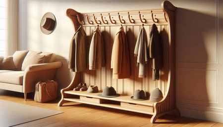 Clothes on hangers in modern wardrobe. 3d render.
