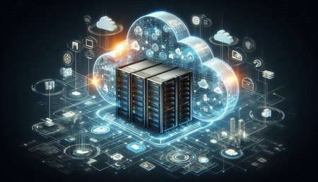 Cloud computing concept. 3d rendering toned image double exposure.
