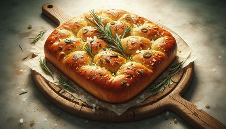 Baked bread with green olives and rosemary on wooden board