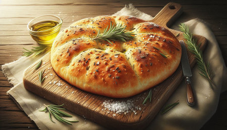 Baked bread with rosemary and oil on a wooden background.