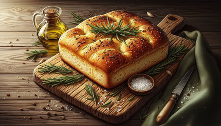 Bread with rosemary and spices on a wooden background. Toned.