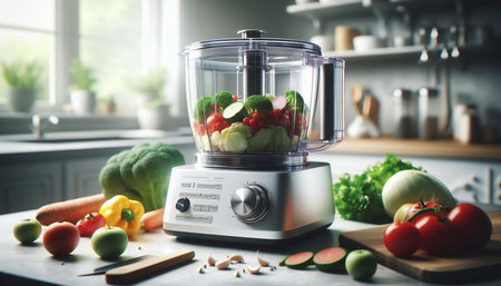 Modern electric blender with fresh vegetables on table in kitchen. Healthy food concept