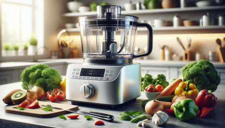 Modern electric blender with fresh vegetables on table in kitchen. Cooking concept