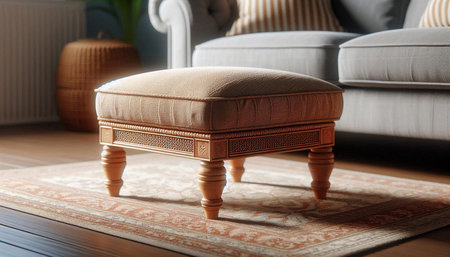 Wooden stool on carpet in living room, closeup. Interior design