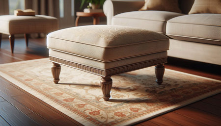 Interior of a living room with sofa, armchair and carpet