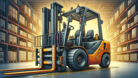 Forklift loader in warehouse. 3D rendering. High resolution image.