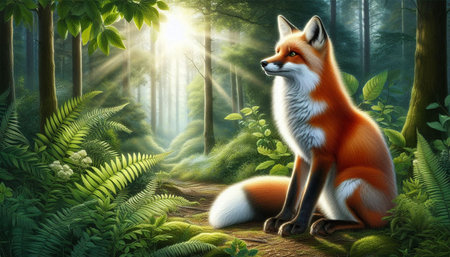Red fox sitting in the forest. 3D illustration. Forest background.