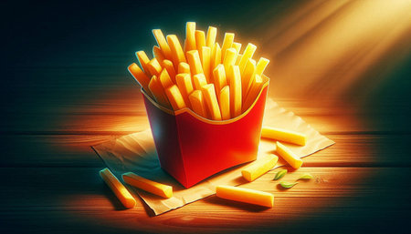 French fries in a red box on a wooden table with yellow light