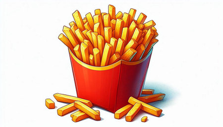 French fries in a red box on a white background, illustration.