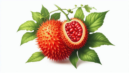 Gac fruit and leaves isolated on white background, vector illustration.