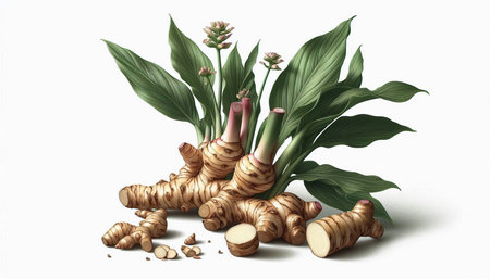 Fresh galangal root with green leaves isolated on white background.