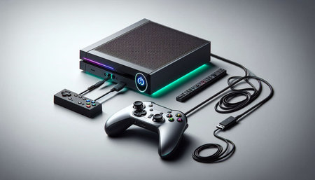 Video game console with headphones on a gray background. 3d rendering