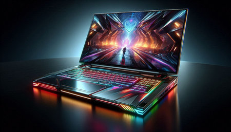 Laptop with glowing neon tunnel on dark background. 3D rendering