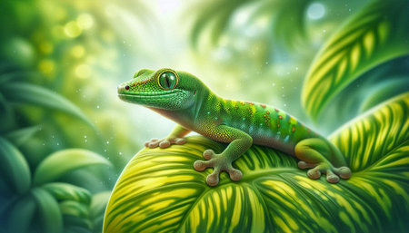 Lizard on a leaf in the jungle. 3D rendering.