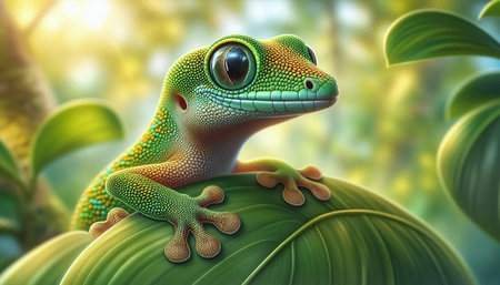 3d rendering of a cute gecko sitting on a green leaf