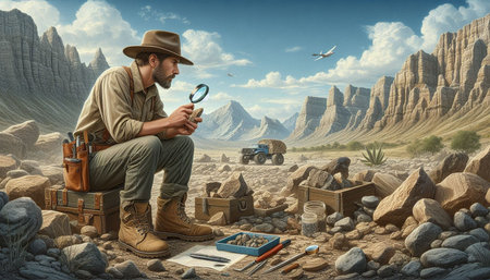 Explorer with a magnifying glass in the desert. 3d rendering