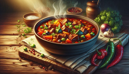 Beef stew with vegetables and spices in a bowl on a wooden background.