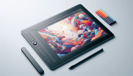 Tablet pc with stylus pen and color pencils on white background