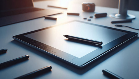 Tablet computer with stylus pen on desktop. 3d rendering