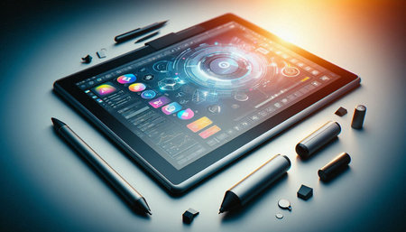 Tablet pc and graphics tablet pc and high tech concept on background