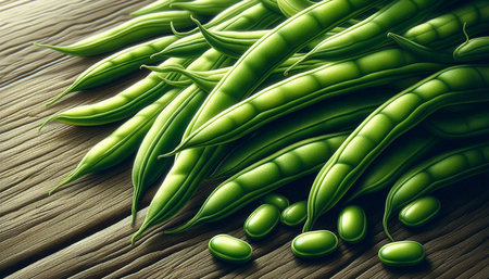 Green beans on wooden background. 3d illustration. Close up.