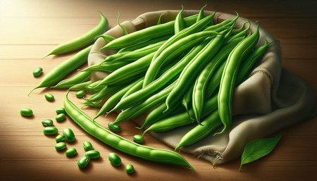 Green beans on a wooden background. 3d illustration. Top view.