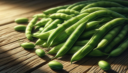 Fresh green beans on wooden table, closeup. Vegetables harvest