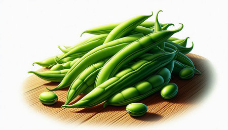 Fresh green beans on a wooden board. 3D illustration. White background.