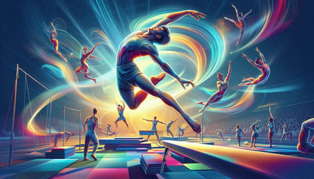 3d rendering of a female gymnast jumping in the air.