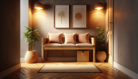 Interior of a living room with a wooden sofa and pillows - 3D render