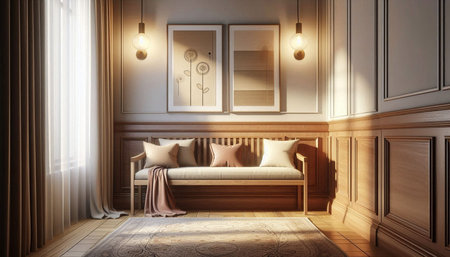 Interior of the living room with a sofa and a window. 3D rendering