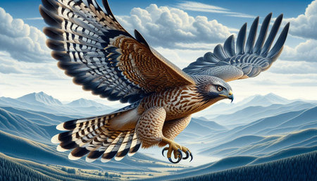 3D rendering of a red-tailed hawk flying in the sky