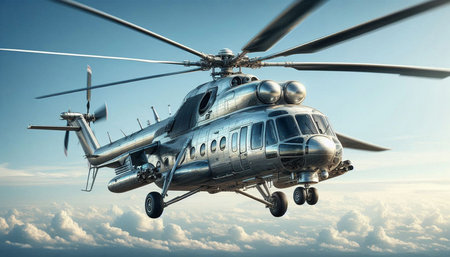 Military helicopter flying above the clouds. 3d illustration. Vintage style.