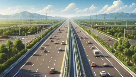 Highway in the city with cars on the road. 3d rendering