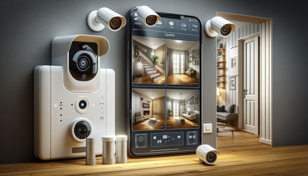 Smart home security system with CCTV camera. 3D Rendering.