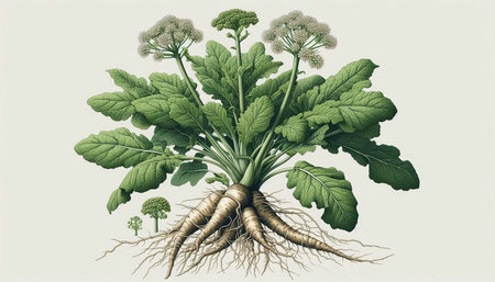 Root of horseradish with leaves and roots. Vector illustration.