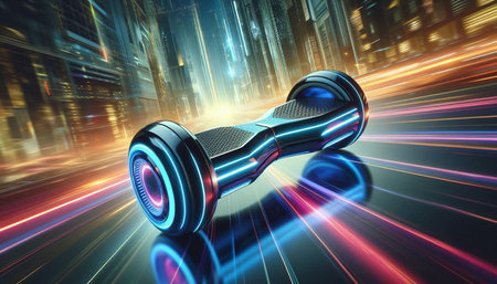 Digital composite of Dual Wheeled Skateboard in city with flare