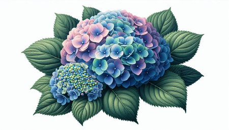 Hydrangea flowers with leaves isolated on white background. Vector illustration.